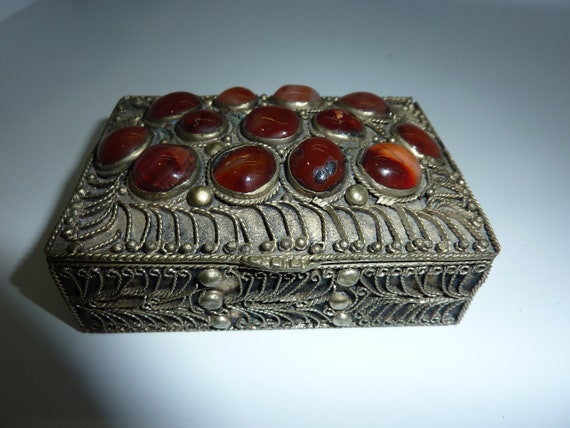 Vintage Ethnic Silver Tone with Carnelian Pill or… - image 1