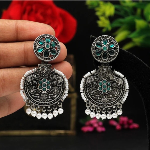 Oxidised silver green earrings, indian bollywood pakistani earrings | costume jewellery | Gift for Her Girlfriend Indian Pakistani wedding
