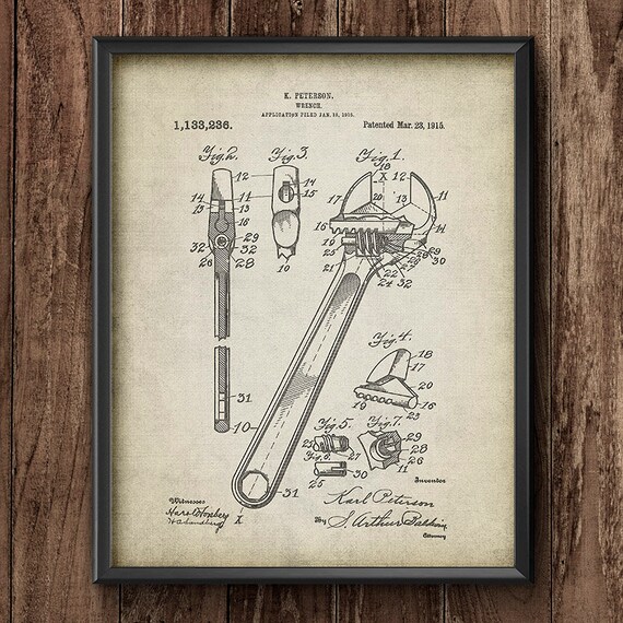 USA Patent Drawing adjustable WRENCH Plumber DIY tool MOUNTED PRINT 1915 Gift