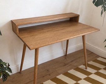 Handmade soild oak wood table / desk with Raised Shelf. 120 x 60cm, tapered legs, two tire, shelf, monitors stand, computer desk,