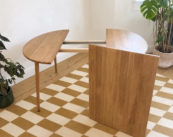 Extending extendable oak round dining table, circular, wooden legs, solid oak wood, handmade, 90cm to 150cm.