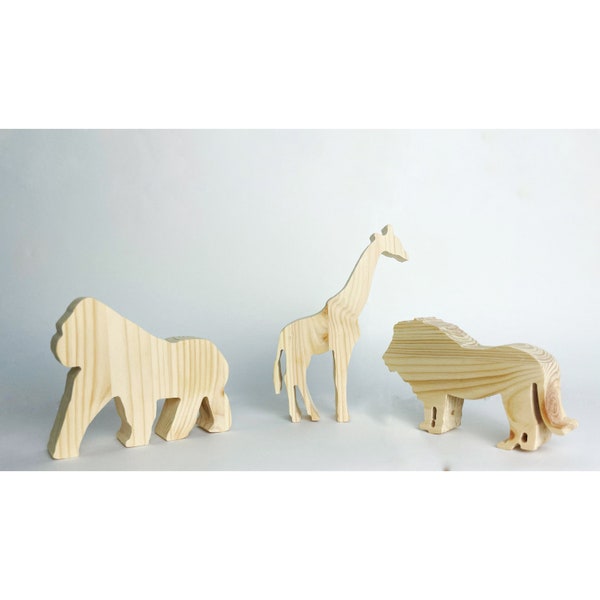 Wooden animal toys, lion, giraffe, gorilla, gift, natural, untreated