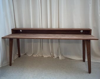 Bespoke handmade wooden table / desk. 200 x 60cm Industrial, tapered legs. Dark, two tire, shelf, monitors stand, computer desk, solid wood
