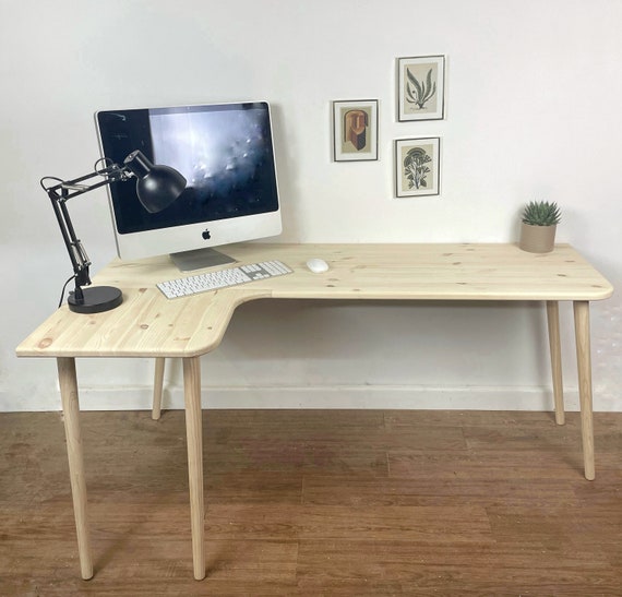 Escritorio / mesa de esquina de madera maciza hecha a mano, curvas,  estación de trabajo 160 x 50 cm. Natural, ligero, encerado, escritorio de  computadora en forma de L -  España