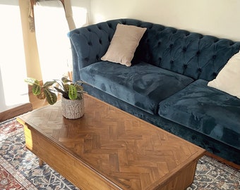 Handmade pattern herringbone coffee table, trunk, chest, toy box, storage holder, blanket box, big large, side table. Dark, waxed solid wood