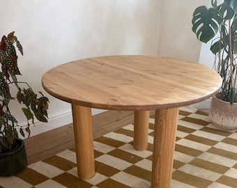 Round Dining Table, Solid Wood Dining Table, Circular Kitchen Table, Chunky Leg Table, Handmade Wooden Table, 119cm, Natural Finish