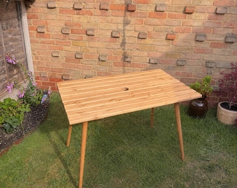 Outdoor Garden Table | Solid Wood Patio Dining Table | Handmade Slatted Wooden Table | Rustic Outdoor Furniture | Natural Finish