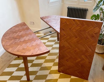 Extending extendable herringbone pattern round dining table, circular, wooden legs, solid wood, handmade, 120 to 180cm