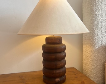 Handcrafted Wooden thick, large, round Table Lamp – Mid-Century, Unique Home Decor, Rustic Lighting, Bedside or Living Room Lamp