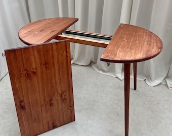 Extending extendable round dining table, circular, wooden legs, solid wood, handmade, 75cm to 120cm.