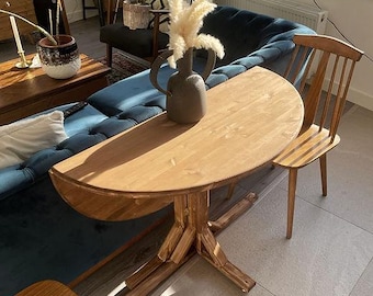 Solid Wood Folding Dining Table, Round Drop Leaf Table, Space Saving Dining Table, Handmade Wooden Table