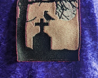 Raven on headstone embroidered patch - pink