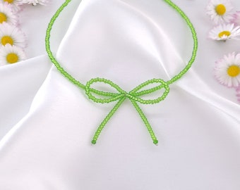 Green Bow Choker, Coquette Necklace, Seed Beads Choker, Cottagecore Choker, Cute Bow Accessories, Gift for Her, Lovely Bow Necklace, Jewelry