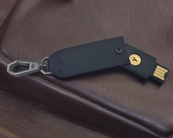 Genuine Leather Yubikey Keychain Case with Snap Hook - Available in Black or Brown, Yubikey NOT INCLUDED