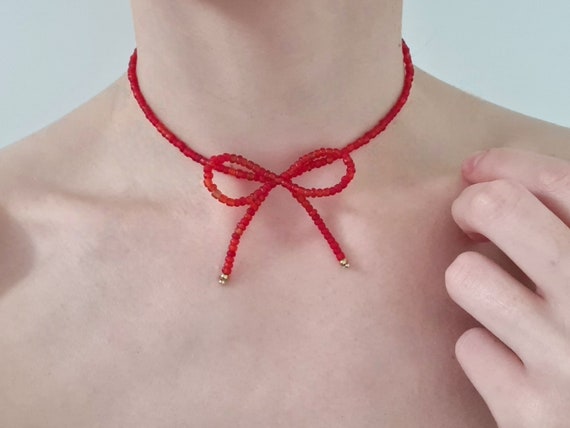 Red Bow Necklace Elegant Bow Necklace Bow Beaded Choker Red Ribbon Necklace Gift for Her Coquette Jewelry Tiny Beaded Necklace Etsy UK
