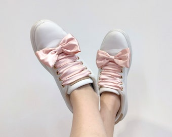 Pink Shoelaces, Satin Shoelaces, Shoelace Ribbons, Shoelaces with Bow, Cute Shoelaces, Shoe Strings, Original Laces for Sneakers and Shoes