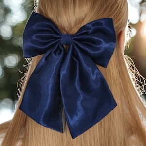 Bow Hair Tie, Navy Blue Satin Bow, Women&#39;s Hair Bows, Bow Hair Clip, Large Hair Bows, Gifts For Her, Bridesmaid Gift, Hair Accessories