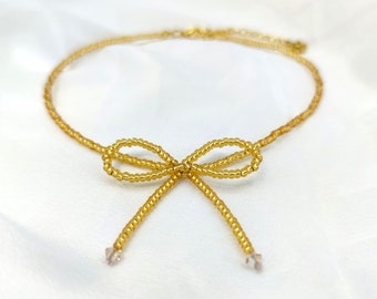 Elegant Bow Necklace, Cute Bow Beaded Necklace, Seed Beads Choker, Handmade Beaded Choker, Crystal Jewelry, Cottagecore Choker, Gift For Her