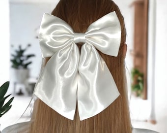 Fermaglio per capelli con fiocco, fiocco in raso bianco, fiocchi per capelli grandi, fermaglio per capelli con fiocco, nastri per capelli, gioielli per capelli, fiocchi per capelli da donna, pezzo di capelli da sposa