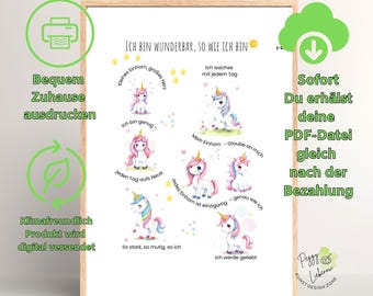 May include: A framed print featuring colorful unicorn illustrations with inspirational phrases in German. The print includes text such as "I am wonderful, as I am" and "Every unicorn is unique." The artwork is in a wooden frame.