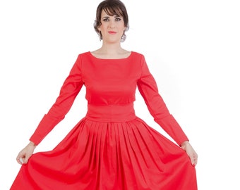 Red Cocktail Cotton Dress, Short Dress, Midi Dress, Red Dress, Round Neck Dress, Long Sleeve Dress, Pleated Party Dress, Evening Dress