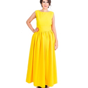 Womens Dress, Long Dress, Maxi Dress, Yellow Dress, Sleeveless Dress, Round Neck Dress, Pleated Dress, Party Dress, Evening Dress image 2