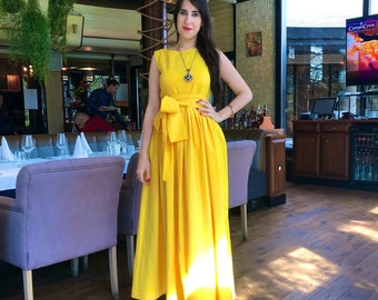 Womens Dress, Long Dress, Maxi Dress, Yellow Dress, Sleeveless Dress, Round Neck Dress, Pleated Dress, Party Dress, Evening Dress