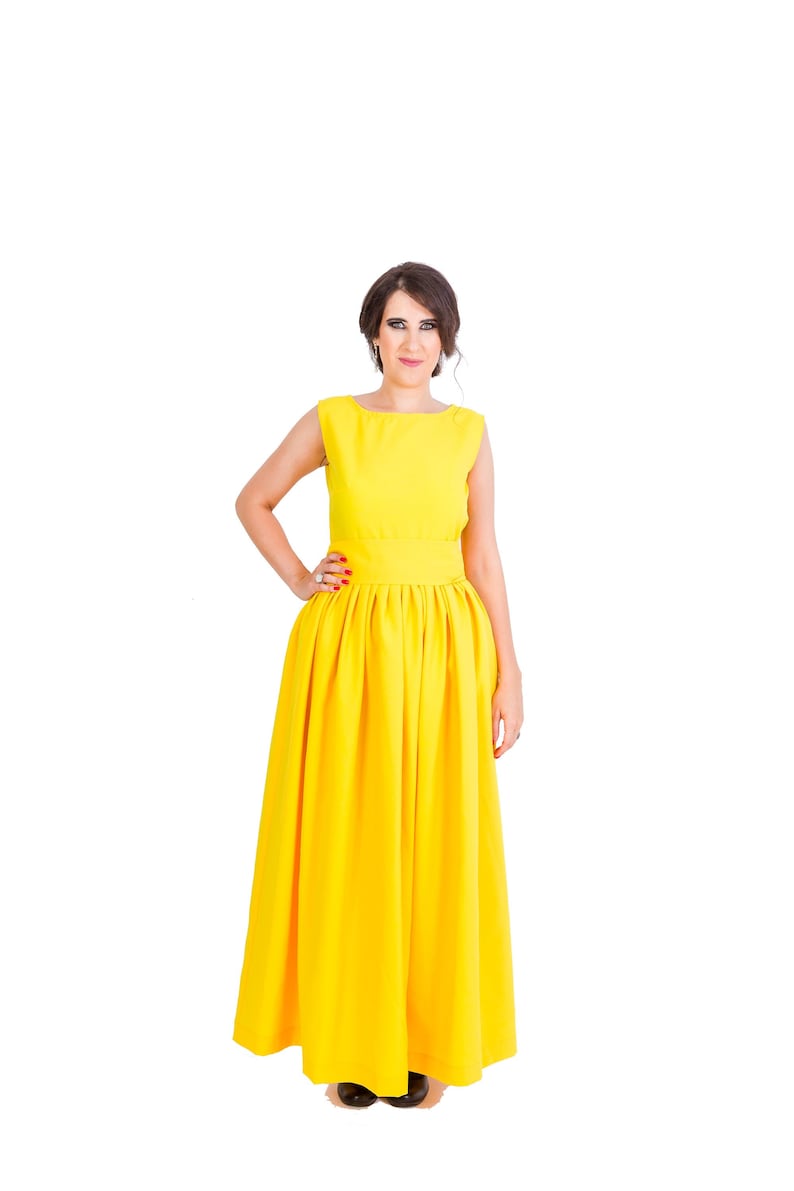 Womens Dress, Long Dress, Maxi Dress, Yellow Dress, Sleeveless Dress, Round Neck Dress, Pleated Dress, Party Dress, Evening Dress image 2