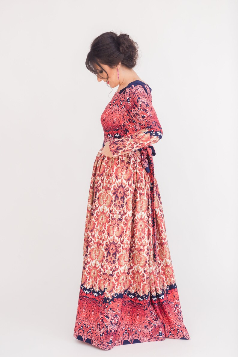 Round Neck Dress Maxi Dress Womens Dress Multicolor Dress Pleated Dress Long Dress Long Sleeve Dress