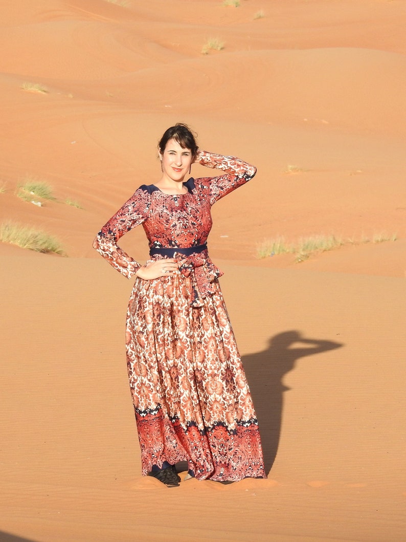 Round Neck Dress Maxi Dress Womens Dress Multicolor Dress Pleated Dress Long Dress Long Sleeve Dress