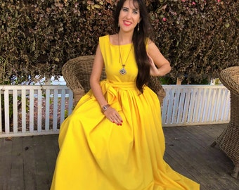 Womens Dress, Long Dress, Maxi Dress, Yellow Dress, Sleeveless Dress, Round Neck Dress, Pleated Dress, Party Dress, Evening Dress