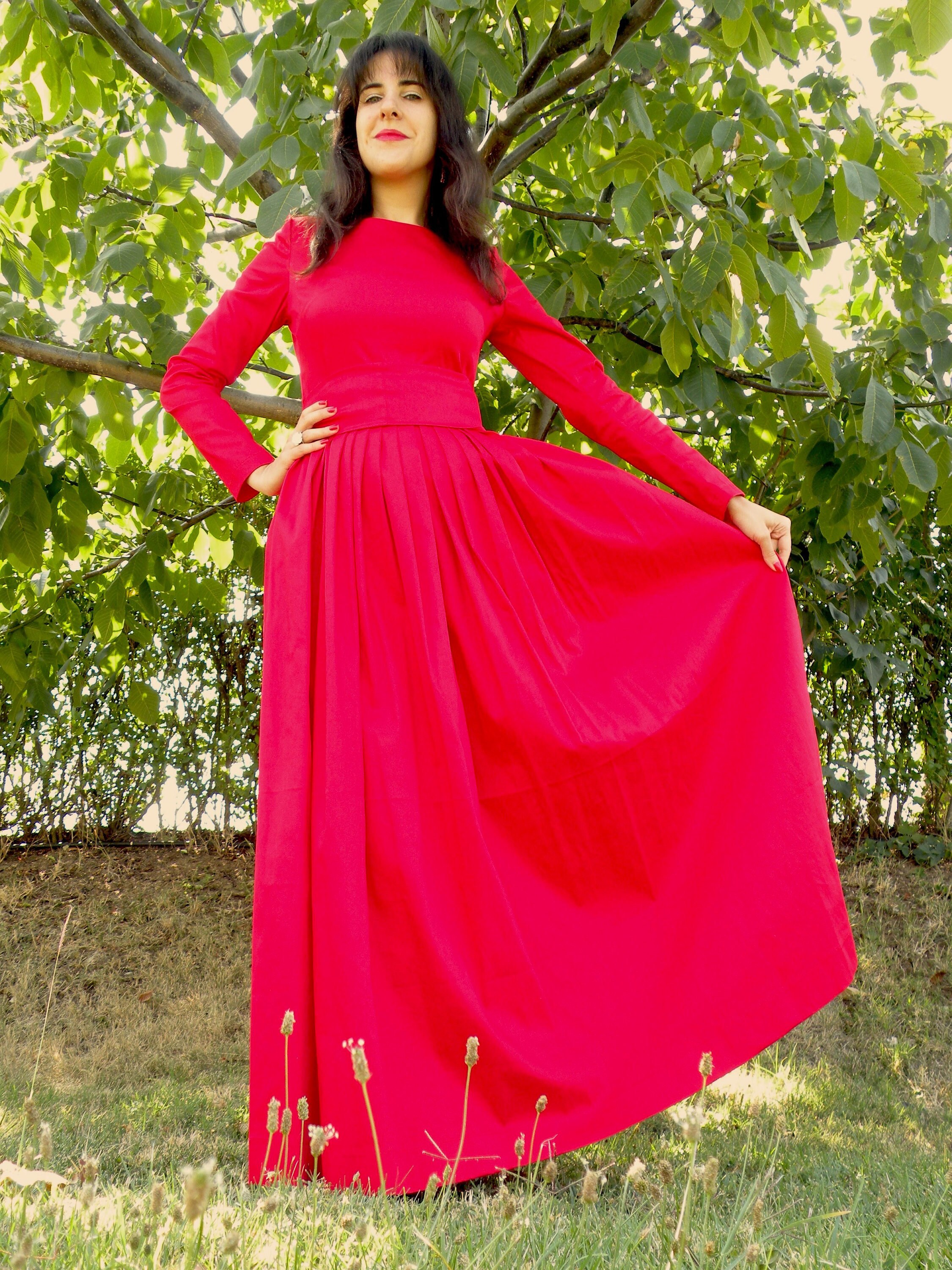 red long sleeve maxi dress