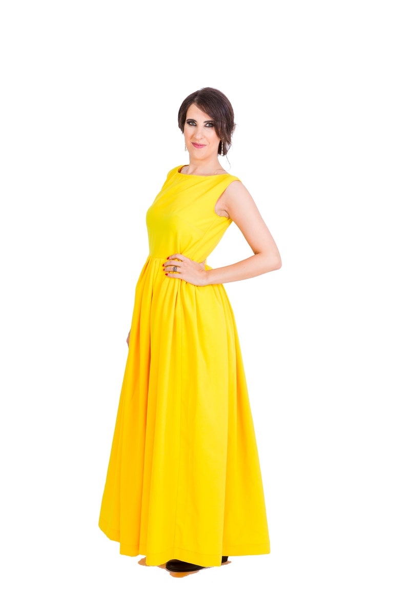 Womens Dress, Long Dress, Maxi Dress, Yellow Dress, Sleeveless Dress, Round Neck Dress, Pleated Dress, Party Dress, Evening Dress image 5