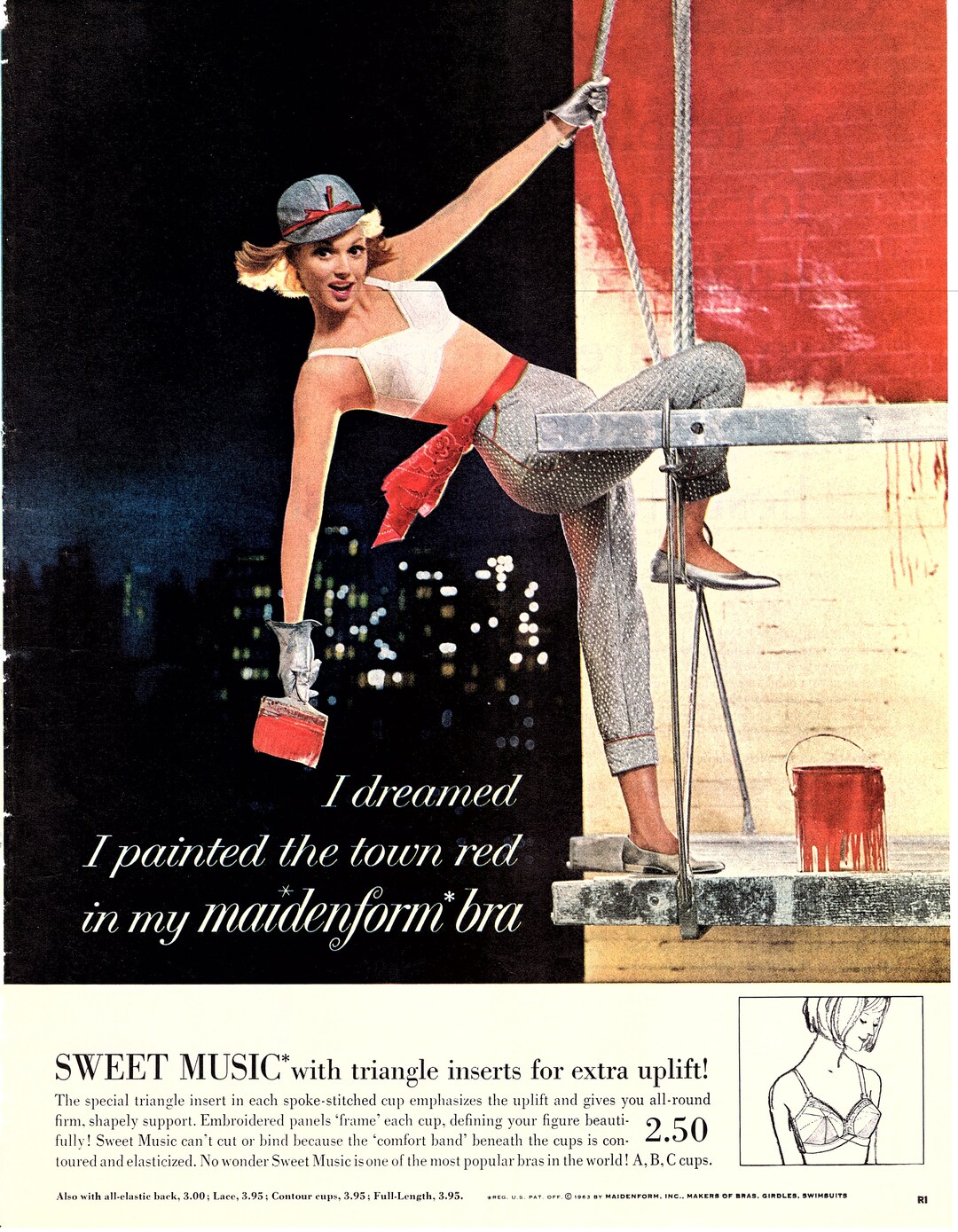 1963 Vintage Lingerie Ad Maidenform Bra I Dreamed I Painted the Town Red. 