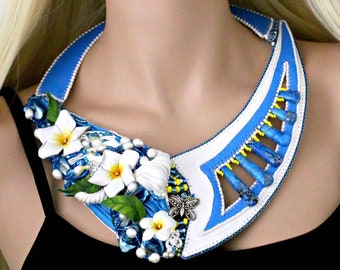 Sea-Shore Paradise - Handmade leather necklace with jasmine flowers, jewelry, sea, blue, jasmine, flowers, jasper, miyuki, glass beads,