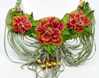 Kauai Sunrise - handmade leather necklace with hibiscus flowers, jewelry, leather, hibiscus, Hawaii, miyuki, glass beads, lianas