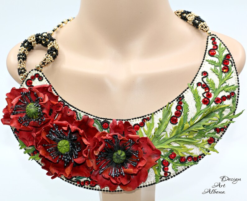 Floral triplet Handmade leather necklace with poppies image 10