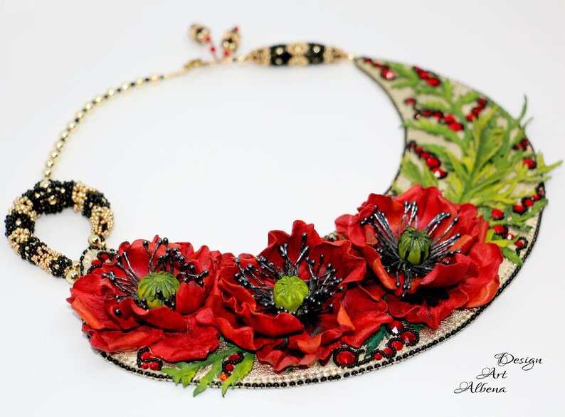 Floral triplet Handmade leather necklace with poppies image 8