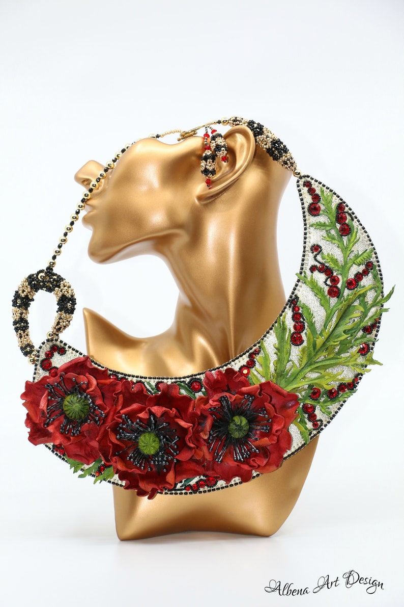 Floral triplet Handmade leather necklace with poppies image 1