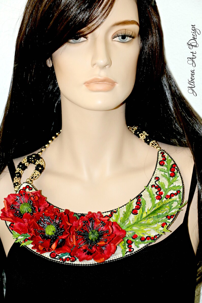 Floral triplet Handmade leather necklace with poppies image 2