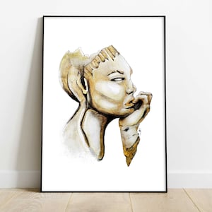 Illustration of a woman&#39;s face in watercolor, pencil and charcoal A4 format, gold color