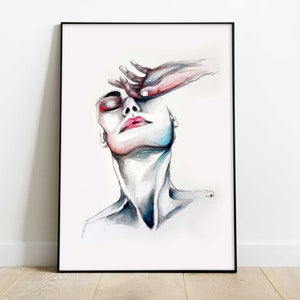 Illustrationsporträt einer ausdrucksstarken Frau im Aquarell-, Graphit- und Kohleformat A4 zur einzigartigen Dekoration