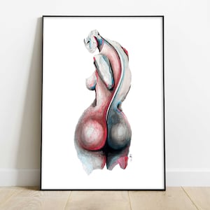 Illustration seen from red and blue back in watercolor, pencil and charcoal format A4 for wall decoration, statue style
