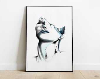 Poster papier mat d'un visage de femme bleu à l'aquarelle, graphite et fusain format A4 pour décoration murale