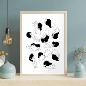 Decorative and original A4 poster Les Petites Surfeuses graphic black and white art print (original made in ink)