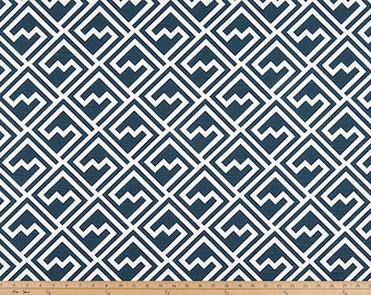 May include: A navy blue fabric with a white geometric pattern of overlapping squares and zigzags. The fabric has a subtle texture.