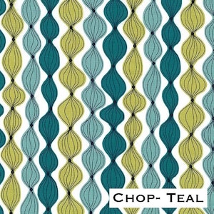 May include: A repeating pattern of vertical, connected, teardrop-shaped designs in teal, light blue, and chartreuse green on a white background. The teardrops are outlined in black. The text "CHOP- TEAL" is in a white rectangle in the lower right corner.