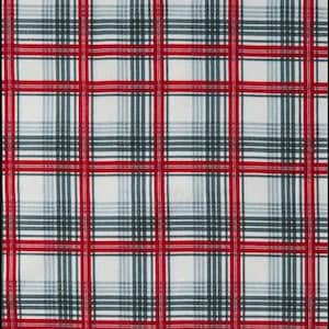 May include: A close-up of a fabric with a plaid pattern. The design features a grid of red, dark gray, and light gray lines over a white background. The lines intersect to form squares, creating a classic plaid design.