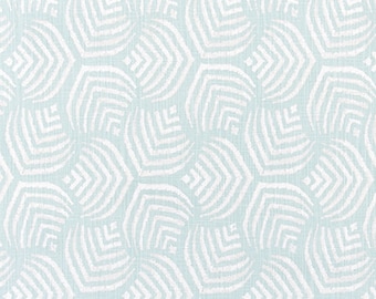 May include: A light blue fabric with a white geometric pattern of overlapping squares and circles. The pattern is repeated throughout the fabric.