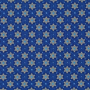 May include: A seamless pattern featuring a repeating design of gold six-pointed stars with a blue circle in the center, on a dark blue background. The stars are outlined in silver and have a textured appearance. The background is dotted with small white circles.
